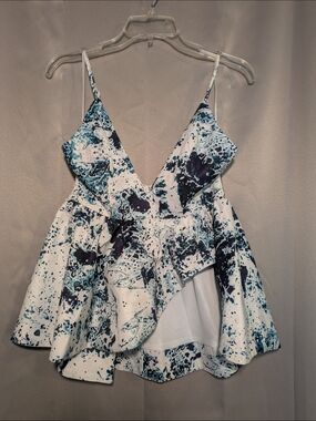 NWOT Morning Mist White and Blue Paint-Splatter V-Neck Peplum Top